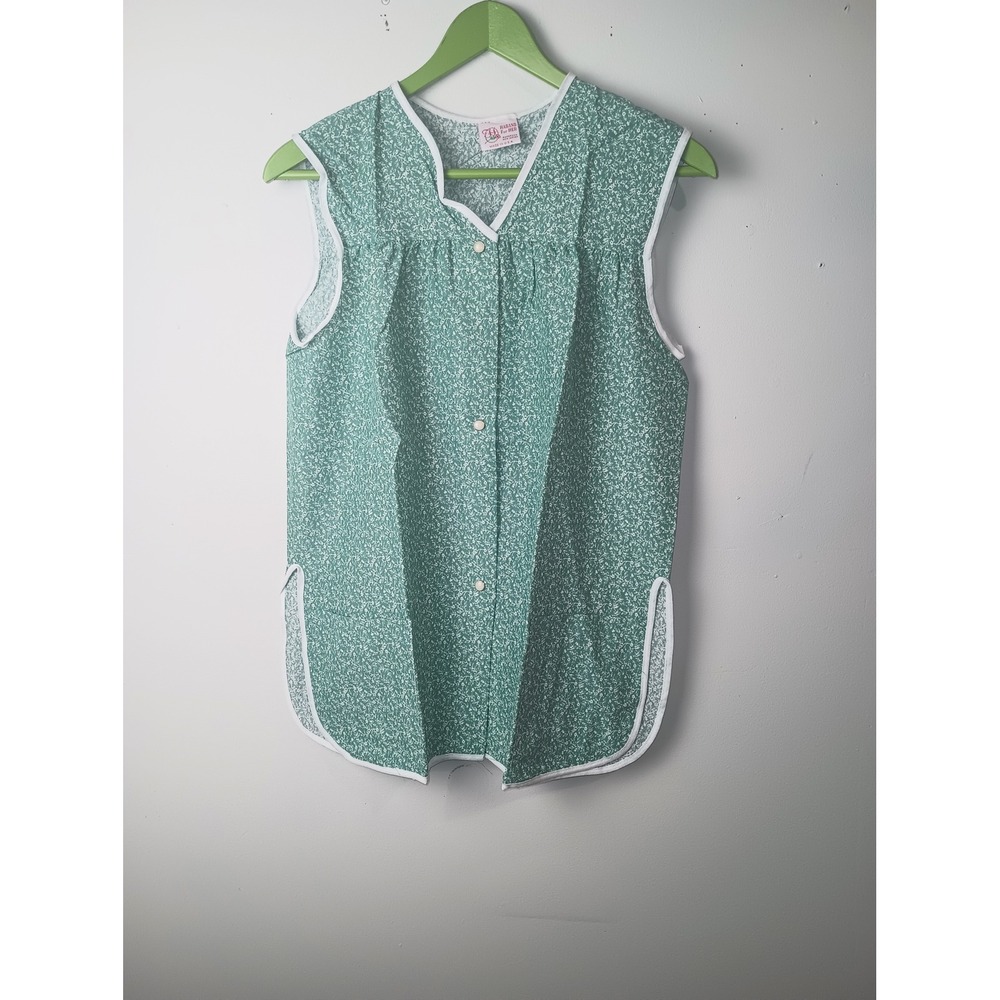 Vintage Haband For Her Floral Cobbler Apron Smock Top Green White Medium G27E